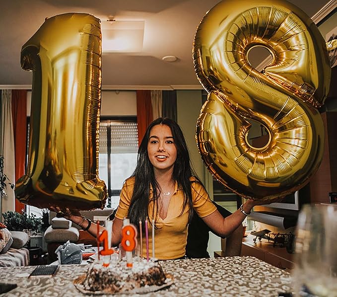 Large Gold 18 Number Balloons, 40 Inch Jumbo Number 18 Balloon, Gold Foil Mylar Balloons for Girl Sweet 18th Birthday Party, Anniversary Decorations