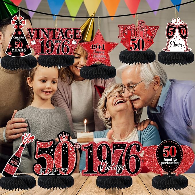 9Pcs 50th Birthday Decorations Red and Black 50th Birthday Party Decorations for Women,Happy 50 Years Vintage 1976 Aged Honeycomb Centerpieces Table Sign Decor Supplies