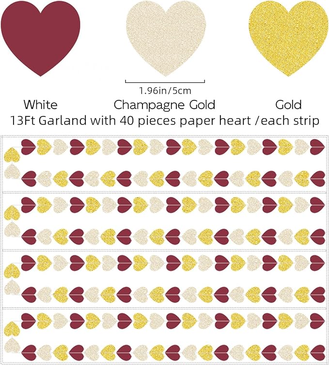 Champagne Gold Burgundy Party Decorations - 52Ft Heart Paper Garland Decoration Streamers Birthday Banner Bridal Baby Shower Wedding Bachelorette Engagement Graduation Hanging Decor Hongtongtong