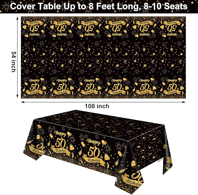 3 Pack 50th Birthday Plastic Tablecloth, 54x108 Inch Black Gold Disposable Rectangle Table Cover Waterproof Table Cloth for Birthday 50 Anniversary Party Supplies