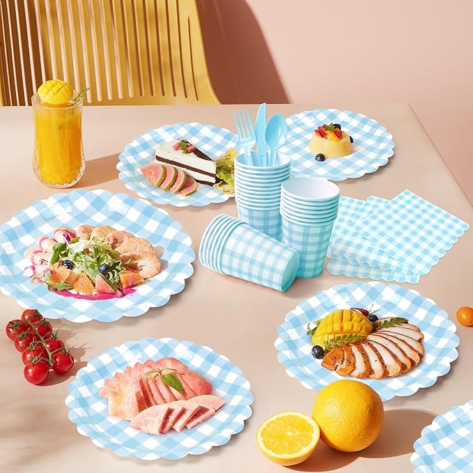 168PCS Party Plates, Blue Scalloped Gingham Paper Plates and Cups and Napkins Sets Party Supplies for Birthday Wedding Bridal Shower Baby Shower Picnic, Serve for 24 Guests, Blue