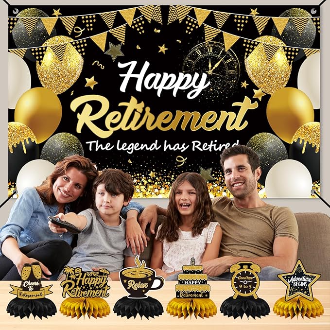 Retirement Party Decorations Kit for Men Women, Black Gold Happy Retirement Banner with 6PCS Honeycomb Centerpiece,5.9 x 3.6Ft, Black Gold Office Yard Sign for Farewell Decorations Party Supplies