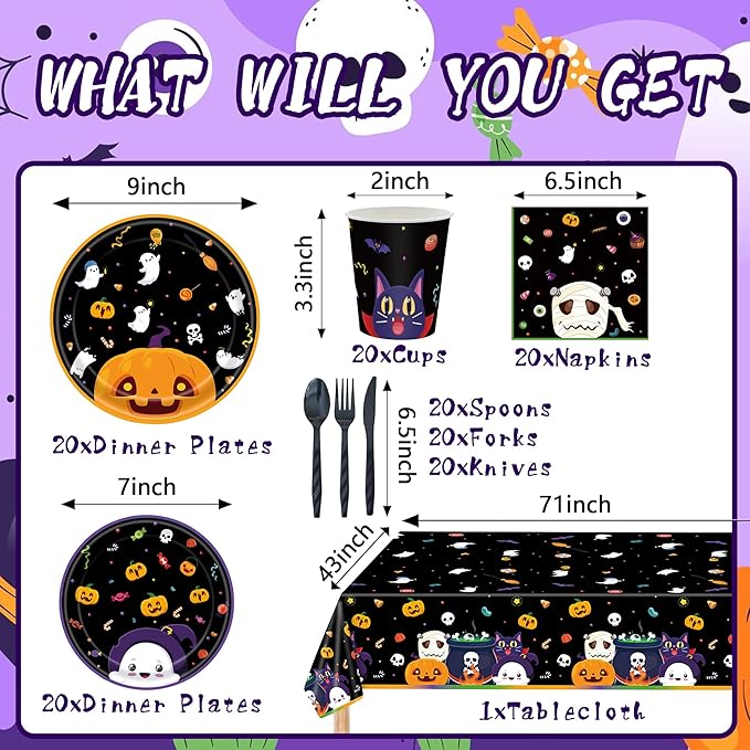 Halloween Party Supplies Decoration Set, 141 Pieces Includes Plates, Napkins, Cups, Tablecloth and Tableware for Halloween Horror Theme Party Decorations, Serves 20 ( Cartoon )