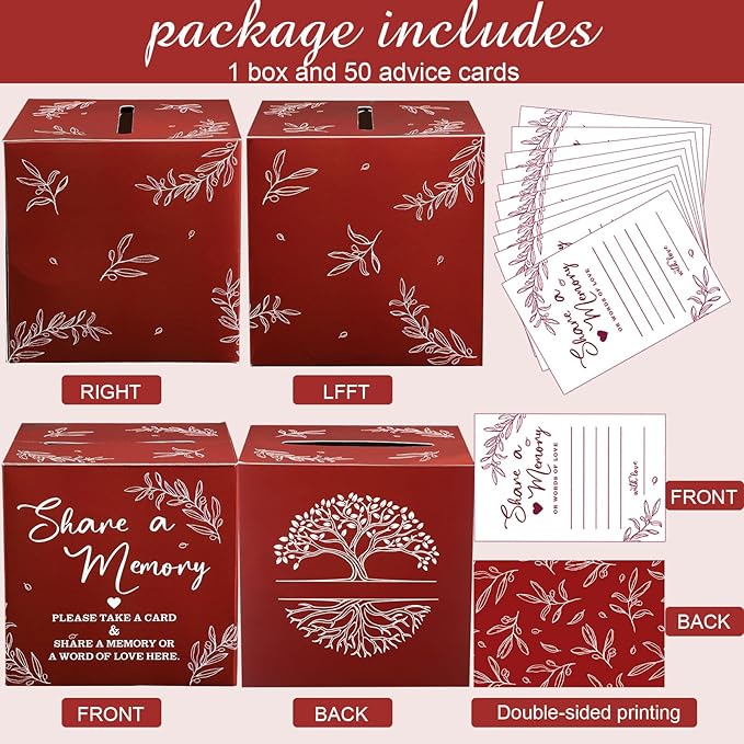 Pajean 50 Pcs Share a Memory Cards for Collections of Life, Memory Cards Box for Guest Ideas Funeral Graduation Wedding Bridal Shower Birthday Anniversary Retirement(Red)