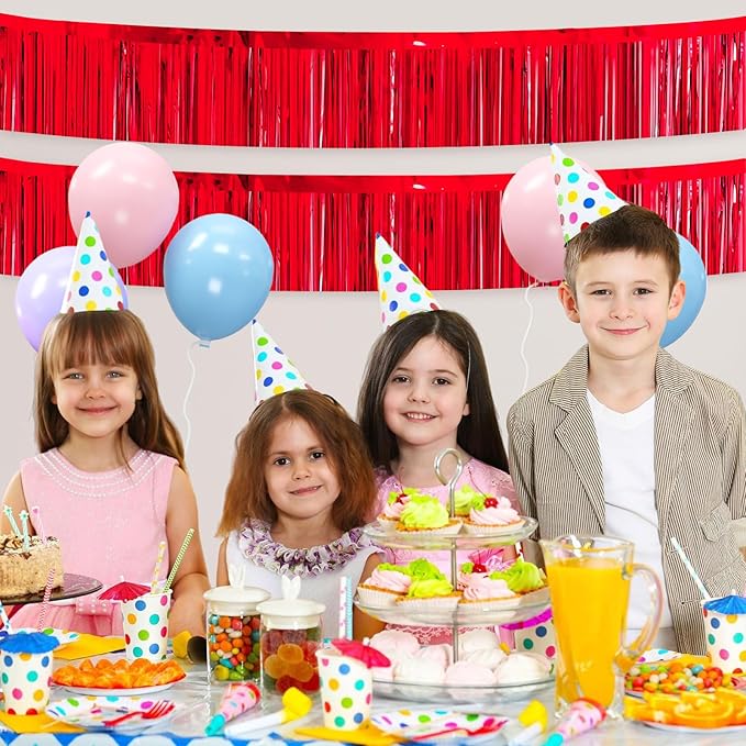 4 Packs Foil Fringe Garland Tinsel Streamers Shiny Wall Hanging Birthday Banner Backdrop for Graduation Wedding Anniversary Celebration Happy Birthday Party Decorations Red