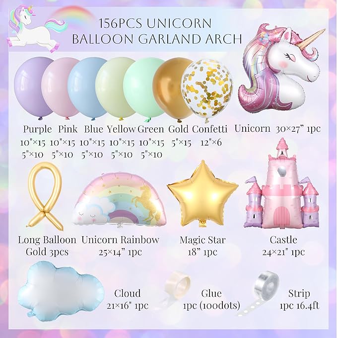 Pastel Unicorn Balloon Arch Kit, 156pcs Macaron Rainbow Balloons with Large Size Castle Unicorn Themed Foil Balloons for Girls Birthday Party Decorations Fairy Baby Shower Party Supplies
