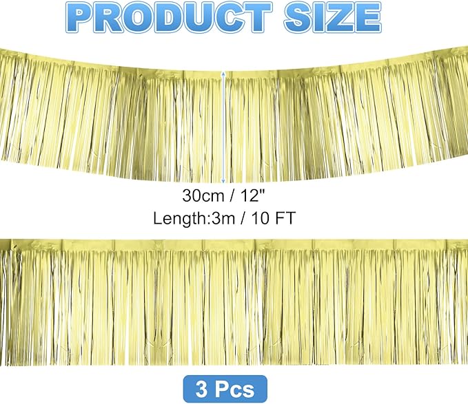 PATIKIL Foil Fringe Garland 10 Feet, 3 Pack Metallic Tinsel Streamers Fringe Banner Wall Hanging Curtain Backdrop for Wedding Birthday Christmas New Year Party Decoration, Light Gold