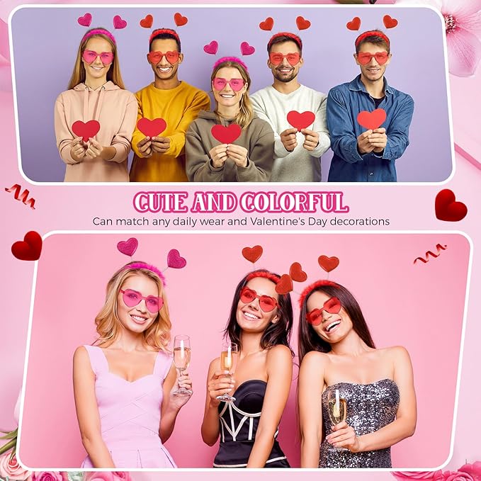 Jutom 24 Pieces Valentines Heart Headbands and Glasses Love Shaped Head Boppers Sunglasses for Adults Galentine's Supplies(Classic Style)