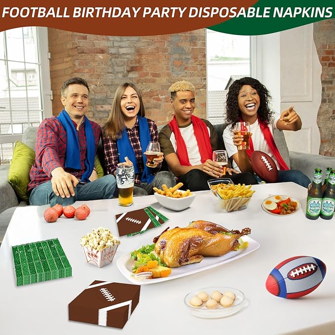 50 Count Football Party Paper Napkins – 25 Football Design and 25 Field Design, Disposable Beverage Cocktail Napkins for Game Day, Sports Birthday, Tailgate, and Team Celebration Decorations