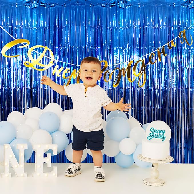 GOER 3.2 ft x 9.8 ft Metallic Tinsel Foil Fringe Curtains Party Photo Backdrop Party Streamers for Birthday,Graduation,New Year Eve Decorations Wedding Decor (Navy Blue,2 pcs)