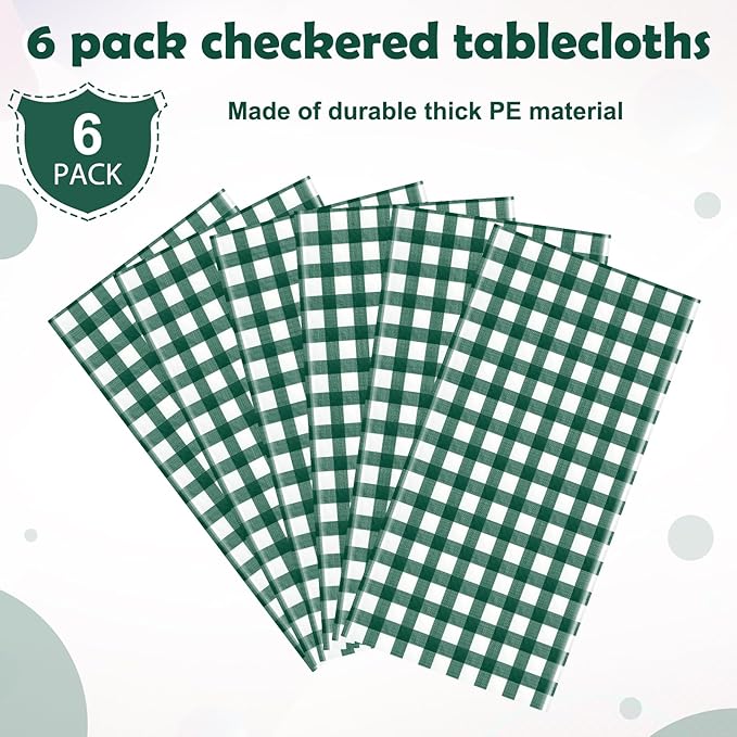 6pcs 54X108inch Dark Green Checkered Tablecloth,Green Gingham Tablecloths Buffalo Plaid Disposable Plastic Table Covers for Birthday Baby Shower Bridal Wedding Party Birthday Decorations