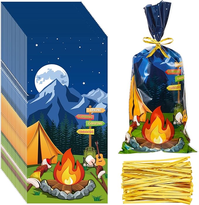 Gueevin 100pcs Camping Cellophane Treat Bags Camp out Goodie Candy Favor Bags with 100 Pieces Twist Ties for Party Decorations Kids Birthday Party Baby Shower Supplies Gift Wrapping