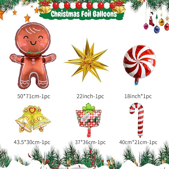 Christmas Balloon Garland Arch Kit, Red Green Gold Balloons with Bell Candy Cane Gingerbread Man Gold Explosion Star Foil Balloons for Christmas Party Decorations New Year Celebration
