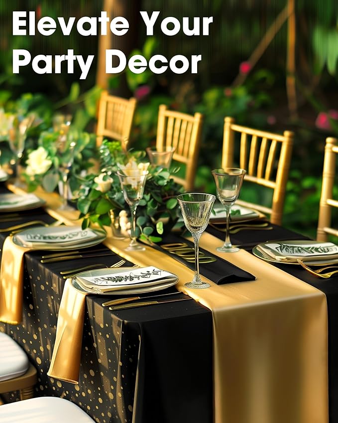 Graduation Decorations Table Cloth for Rectangle Table and Table Runner Set - 3+3 Pack, Black and Gold Plastic Tablecloth Disposable for Birthday, Wedding, Baby Shower, New Year