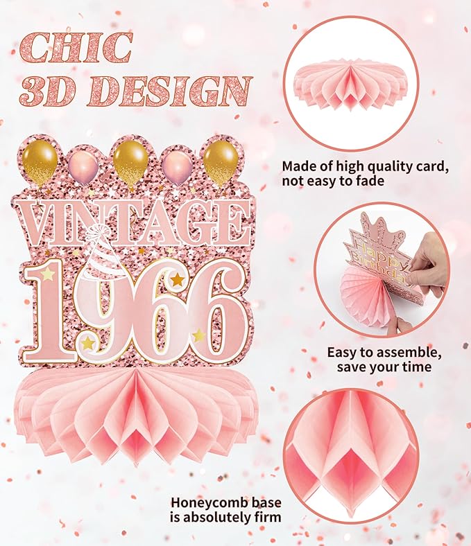 9 Pcs 60th Birthday Decoration for Women Happy 60th Birthday Table Honeycomb Decorations Rose Gold Pink Centerpieces Tables Toppers1965 Decor Cheers to 60 Years Old Birthday Party Favors