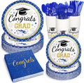 Whaline 175 Pcs Graduation Party Supplies, Paper Plates and Napkins Set, 25 Guests Blue Congrats Grad Disposable Tableware Include Plate Napkin Cup and Cutlery for Party Table Decor