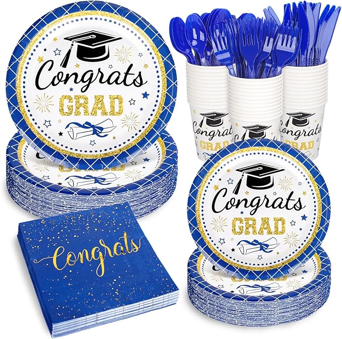 Whaline 175 Pcs Graduation Party Supplies, Paper Plates and Napkins Set, 25 Guests Blue Congrats Grad Disposable Tableware Include Plate Napkin Cup and Cutlery for Party Table Decor