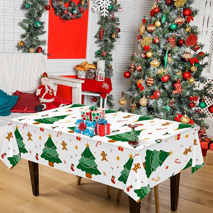 Hxezoc Disposable Plastic Christmas Tree Tablecloth, 54 x 108 Inches Christmas Party Table Cover for Xmas Winter Holiday New Year Home Dinner Decorations