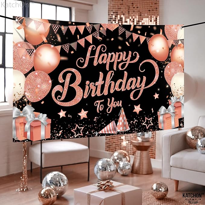 KatchOn, XtraLarge Rose Gold Happy Birthday Banner - 72x44 Inch | Black and Rose Gold Happy Birthday Decorations for Women | Rose Gold Party Decorations, Bday Backdrop for Girls