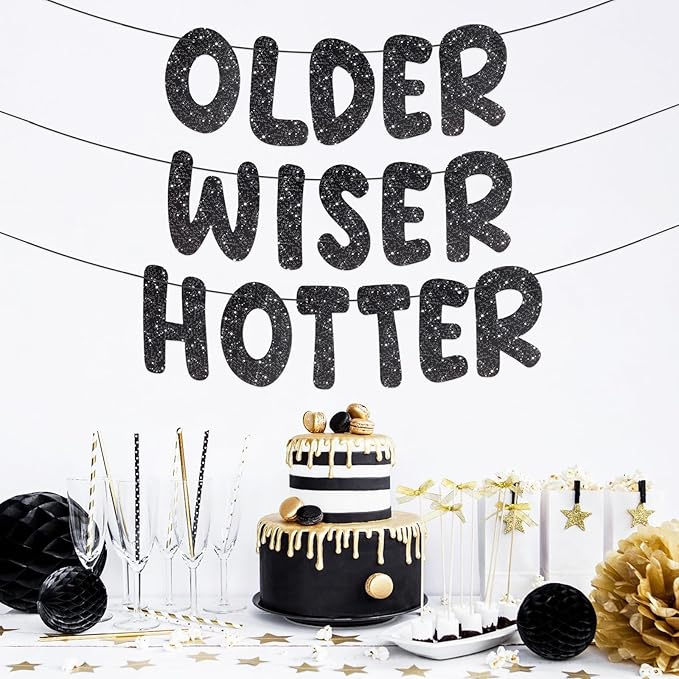 Pre-Strung Happy Birthday Banner Birthday Sign NO DIY Glitter Older Wiser Hotter Banner for Women Men 30th 40th 50th 60th 70th 80th Funny Black Birthday Decorations (Black)