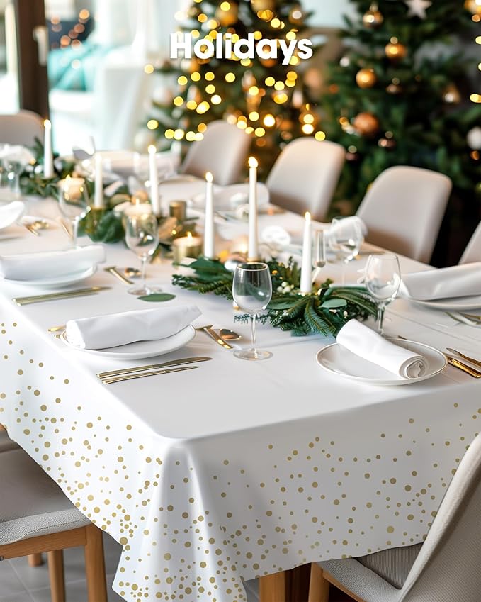 Pureegg Plastic Table Cloth Disposable 8 Pack, 54 x 108 Inch Table Cloths, Graduation Decorations Class of 2026, Graduation Tablecloths, Rectangle, Plastic Cover, Leakproof & Sturdy, White and Gold
