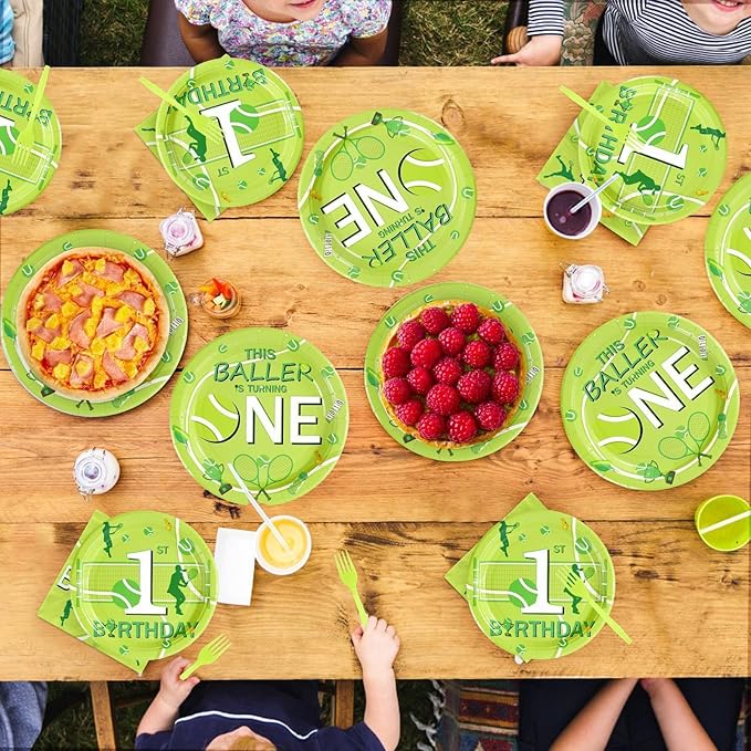 96Pcs Tennis Ball First Birthday Decorations Tennis Party Decorations Plates and Napkins 1st Tableware Set for Baby Boys Girls First Birthday Baby Baptism Party Supplies Serves 24