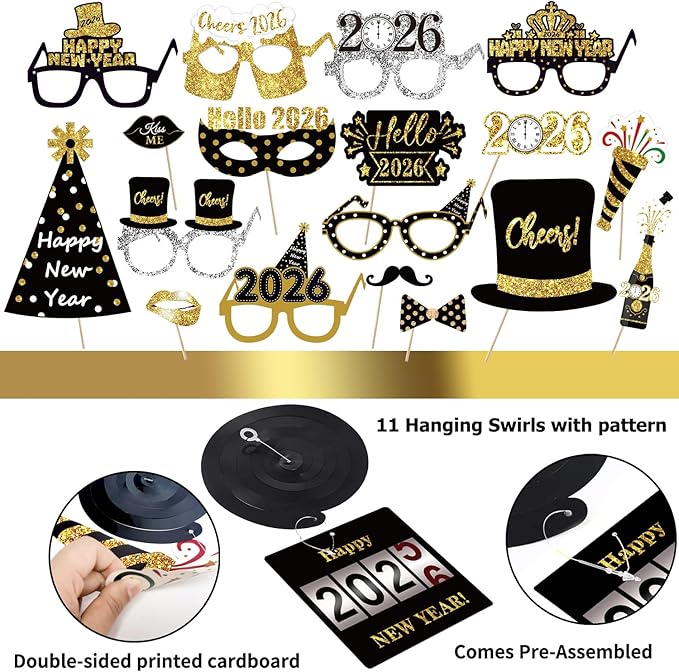 MOVINPE New Year Eve Party Decorations Kit 2026 - Happy New Year Party Supplies, Banner Cone Hats Tiaras Curtain Hanging Swirls Squawkers Blowouts Number Balloons Photo Booth Props Serve 20