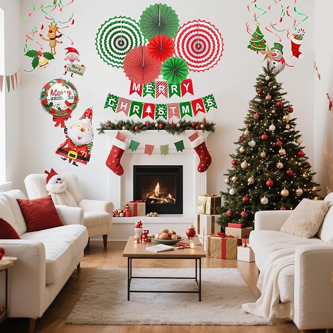 Christmas Party Decorations, Merry Christmas Decorations Supplies, Banner, Hanging Swirls, Paper Fans, Balloon, Photo Booth Props, Confetti, for Holiday Xmas Indoor Outdoor