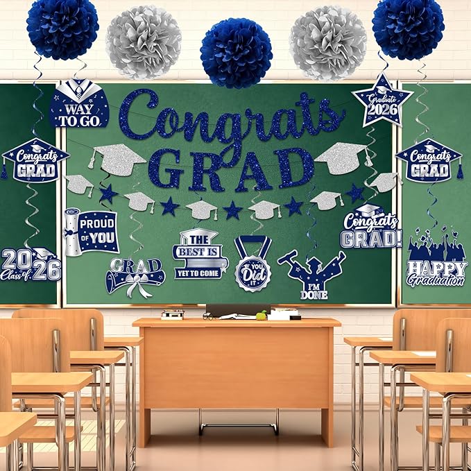 Navy Blue Graduation Decorations, Glitter Congrats Grad Banner Hanging Swirls and Tissue Pom Poms, Navy Blue and Silver Graduation Decorations for Class of 2026 College Graduations Party Decorations
