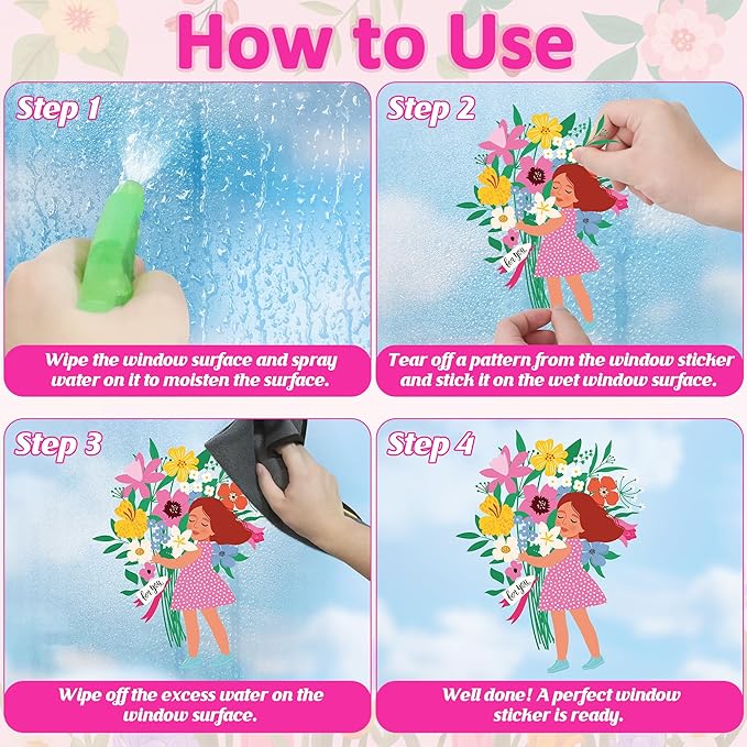 90 PCS Mothers Day Decorations, 9 Sheets Mothers Day Window Clings, Double-Sided Flower Window Clings with Carnations Hearts Boxes Designs, Mom Decorations for Glass Home Office School Party