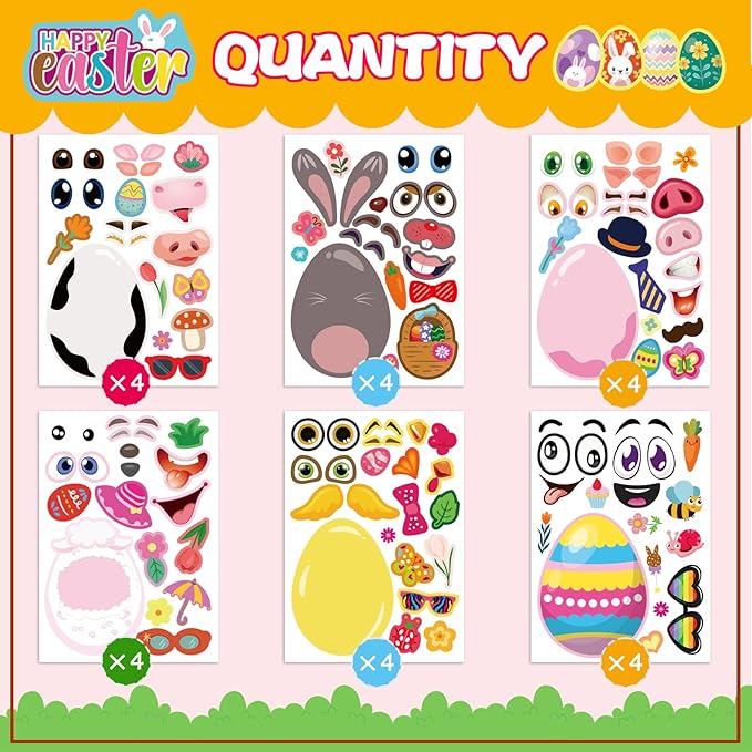24 PCS Easter Stickers for Kids, Make A Face Stickers, Easter Basket Stuffers Egg-Themed Sticker for Families, Schools, Classroom Party Craft Favors
