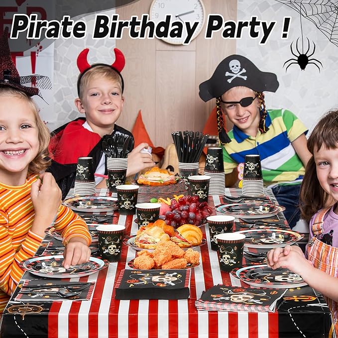 452 Pcs Party Supplies Serve 50 Guests, Paper Plates Napkins Cups Cutlery Plastic Tablecloth Dinnerware for Birthday Wedding Party Decoration(Red Black,Pirate)