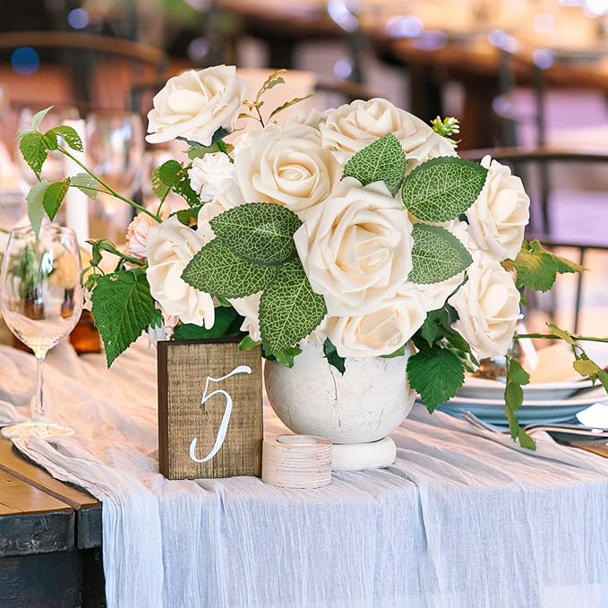 AmyHomie Artificial Flower Champagne Rose 25pcs Real Looking Fake Roses w/Stem for DIY Wedding Bouquets Centerpieces Arrangements Party Baby Shower Valentines Day Christmas Tree Decorations