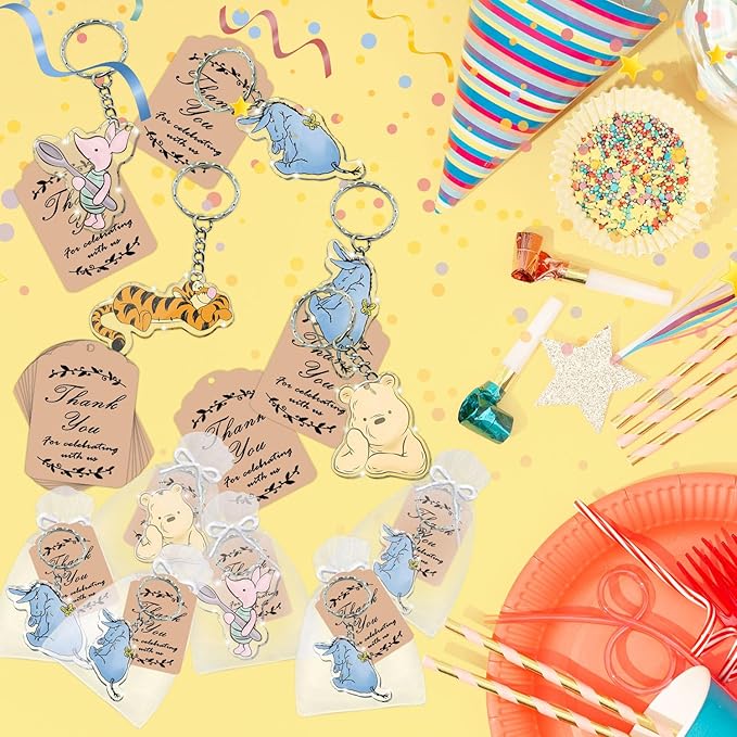 72pcs Winnie Baby Shower Favors Keychain, Winnie themed Birthday Party Supplies, 24 Acrylic Keychains, 24 Tags, 24 Gift Bags for Winnie Themed Party