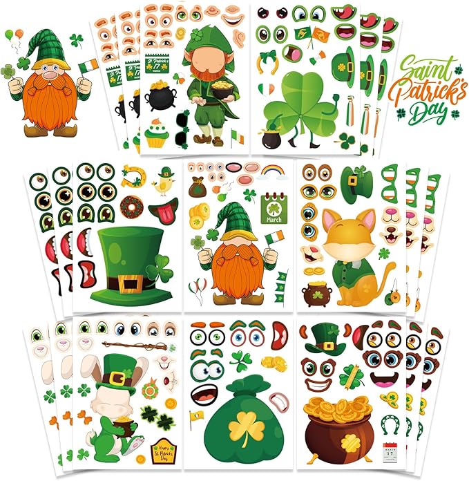 24 Sheets St. Patrick's Day Stickers, Make a Face Sticker for Kids Make Your Own Lucky Shamrock Irish Stickers St. Patricks Day Craft Party Favor Decorations
