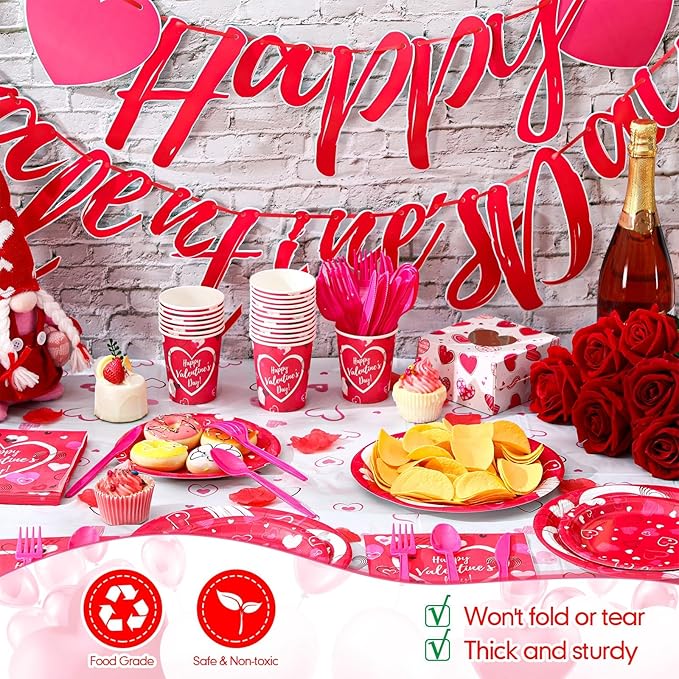 Jenaai 166 Pcs Happy Valentine's Day Party Supplies Valentine's Day Tableware Set Decorations Include Pink Love Banner Disposable Heart Plates Napkins Forks Cups Knives Spoons Balloons for Dinner