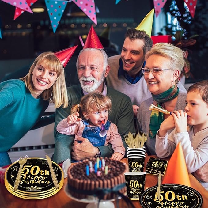 144PCS 50th Birthday Plates and Napkins Birthday Party Supplies 50th Birthday Party Decorations for Men Women Disposable Party Tableware Including Paper Plates Napkins Cups Forks Serve 24