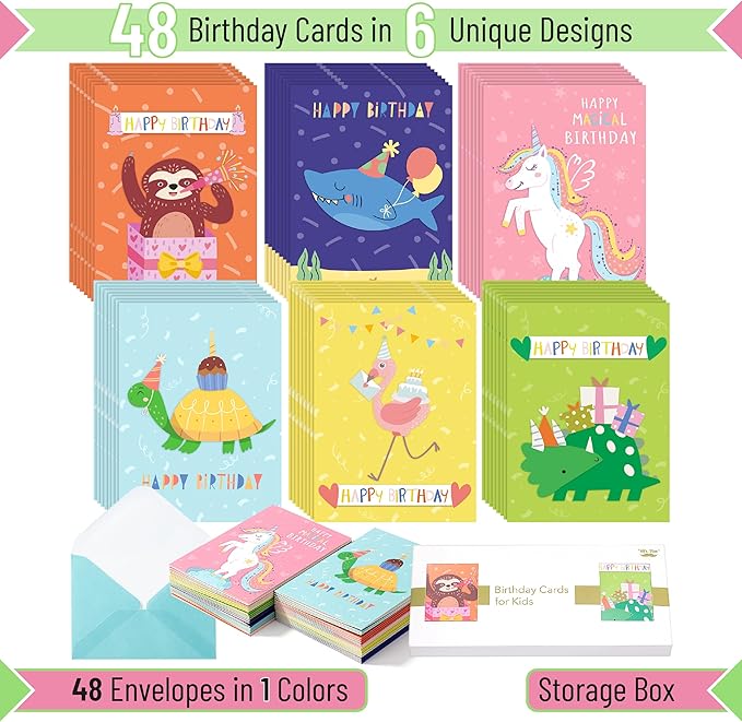 Mr. Pen- Happy Birthday Cards for Kids, 3.75" x 5.2", 48 Pack with Envelopes, 6 Colorful Animal Designs, Kids Birthday Card