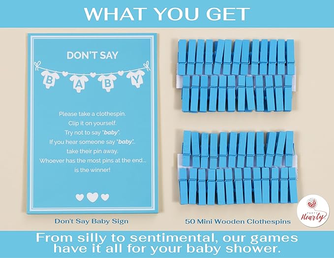 Party Hearty Baby Shower Games for Boy, Don't Say Baby Game,1 Sign and 50 Mini Blue Clothespins, Shower Game Ideas