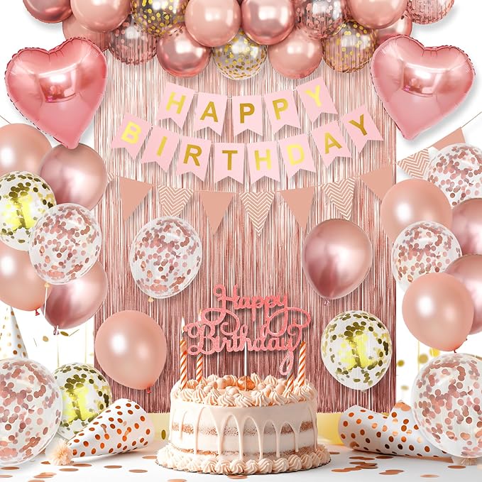 Rose Gold Birthday Decorations for Girls,Happy Birthday Party Decorations for Women,Rose Gold Fringe Curtain,Happy Birthday Banner Confetti Balloons Heart Foil Balloons for Birthday Princess Party