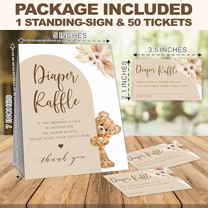Diaper Raffle Game Set For Baby Shower, Boho Bear Arch, 1 Standing Sign & 50 Raffle Tickets, Baby Shower Game Kit, Gender Reveal Party Supplies - A04
