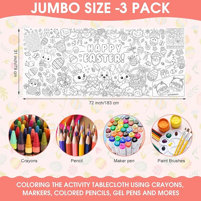 3 Pcs Giant Easter Coloring Poster, Large Happy Bunny Coloring Tablecloth, Jumbo Cute Spring Paper Coloring Table Cloth Banner for Easter Activities Games Party Supplies Favors Props, 31 x 72 Inch