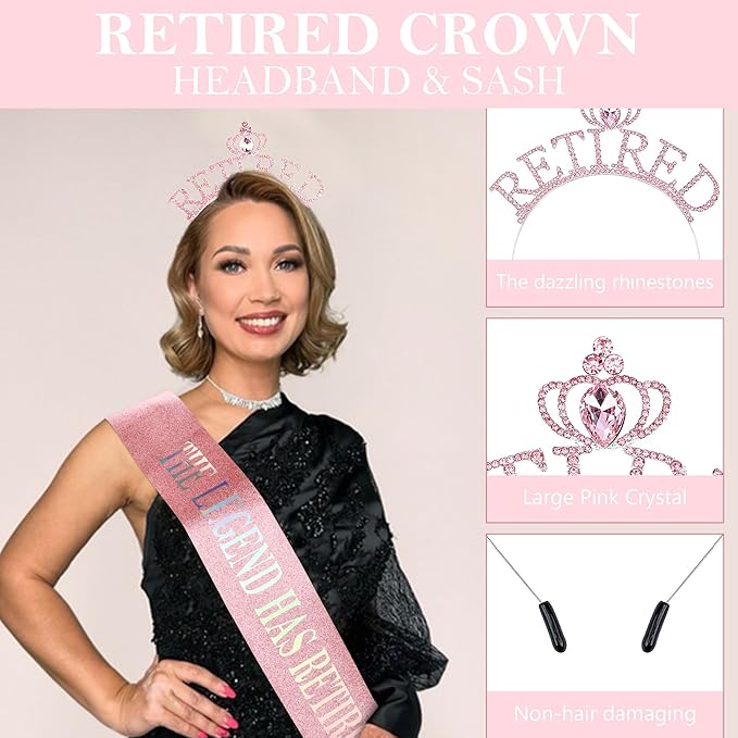 Retirement Gift for Woman - Pink Sash and Crown Headband Party Decorations - The Legend Has Retired - Elegant Cute Rhinestone Headband