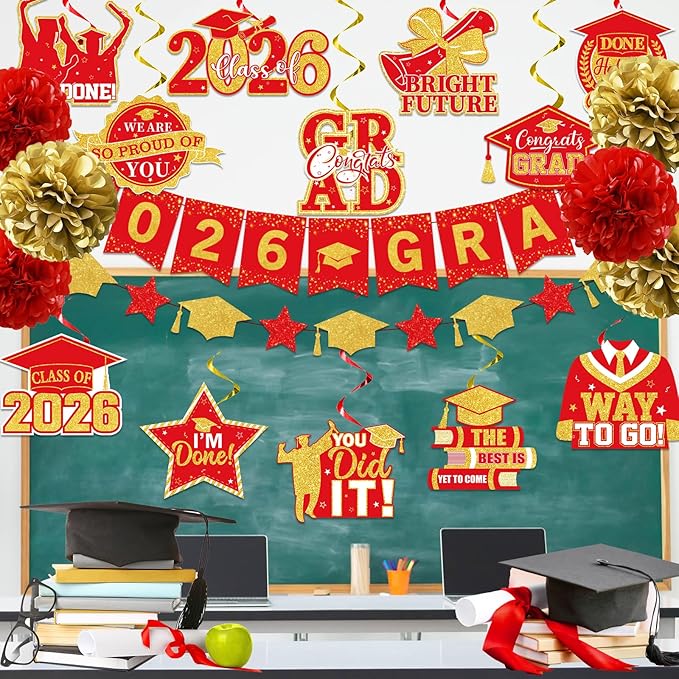 Red and Gold Graduation Decorations, 2026 Grad Banner and Congrats Grad Hanging Swirls, Red and Gold Graduation Banner Graduations Hanging Swirls College Graduations Party Decorations Class of 2026