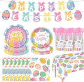 52 Pcs Easter Party Supplies Easter Party Decoration with Happy Easter Banner Bunny Dinnerware Tablecloth Disposable Paper Plates Napkins Colorful Eggs Cups Easter Spring Holiday Party Decoration