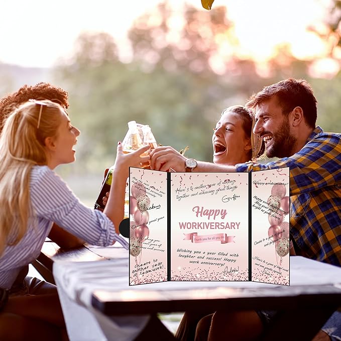 DARUNAXY Rose Gold Happy Workiversary Party Decorations, Happy Work Anniversary Alternative Signature Guest Book for Women Pink Employee Business Gifts Signing Card Board for Office Supplies
