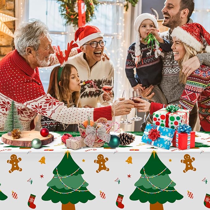Hxezoc 3 Pack Disposable Plastic Christmas Tree Tablecloth, 54 x 108 Inches Christmas Party Table Cover for Xmas Winter Holiday New Year Home Dinner Decorations