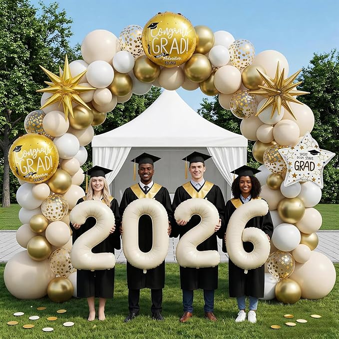 Sand White Gold Balloon Arch Kit, Graduation Balloon Garland Sand Gold White Balloons with Foil Star Confetti Balloons for 2026 College High School Graduation Decorations Class of 2026
