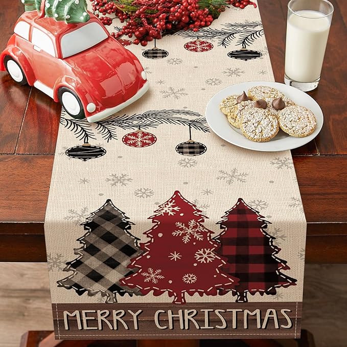 Merry Christmas Tree Dining Table Runner, Xmas Balls Pine Needle Branches Snowflake Burlap Kitchen Decoration, Winter Holiday Plaid Farmhouse Indoor Outdoor Home Decor Party Supply 13 x 72 in