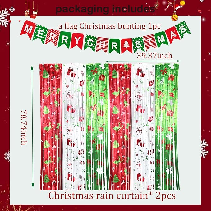 3 pack Christmas Party Decorations with Merry Christmas Banner and Foil Fringe Curtains, 3.3ft×6.6ft Red Green Tinsel Streamer Backdrop for Xmas Photo Booth Props Friendsmas Party Decor